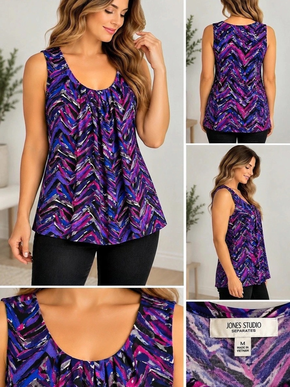 Jones Studio Geometric Sleeveless Blouse in Purple & Pink Size Medium